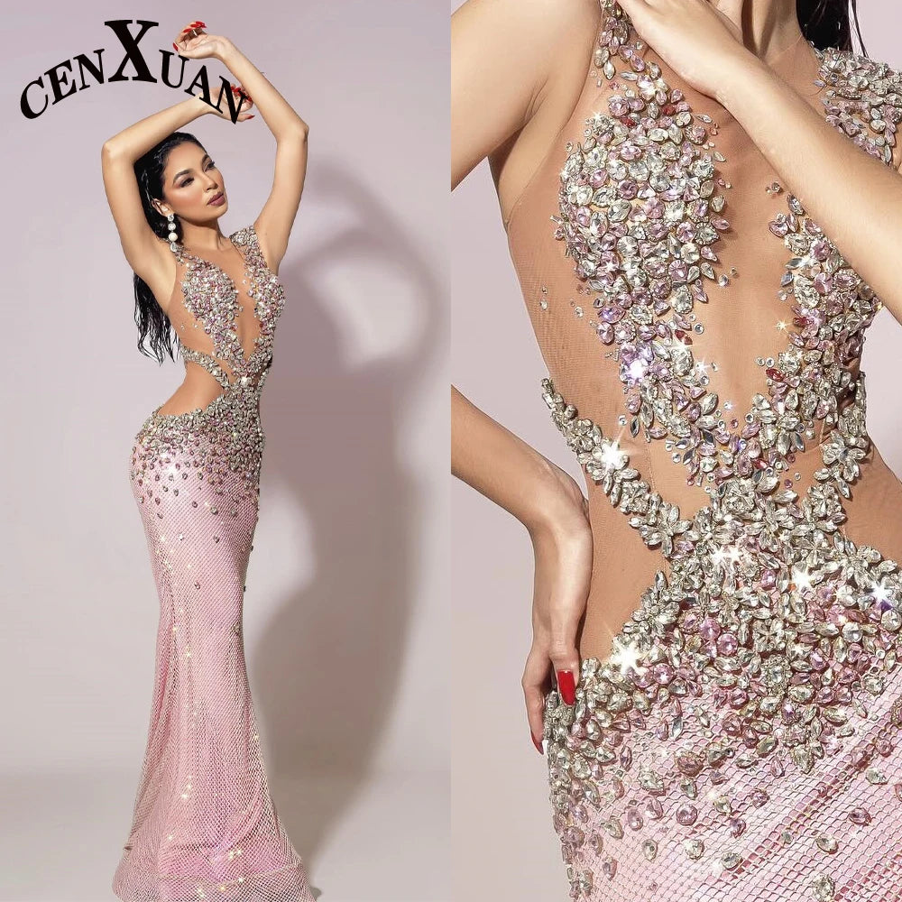 CENXUAN Saprkly Sleeveless O-neck Women's Evening Dress with Rhinestones Floor Length Tulle Vestidos De Gala Customized