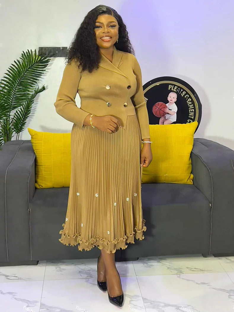 EGRM Miyake Pleated Long Dress Autumn Hot Sale Women's Double Breasted Waist Cinching Slimming High-end Stylish Versatile Skirt