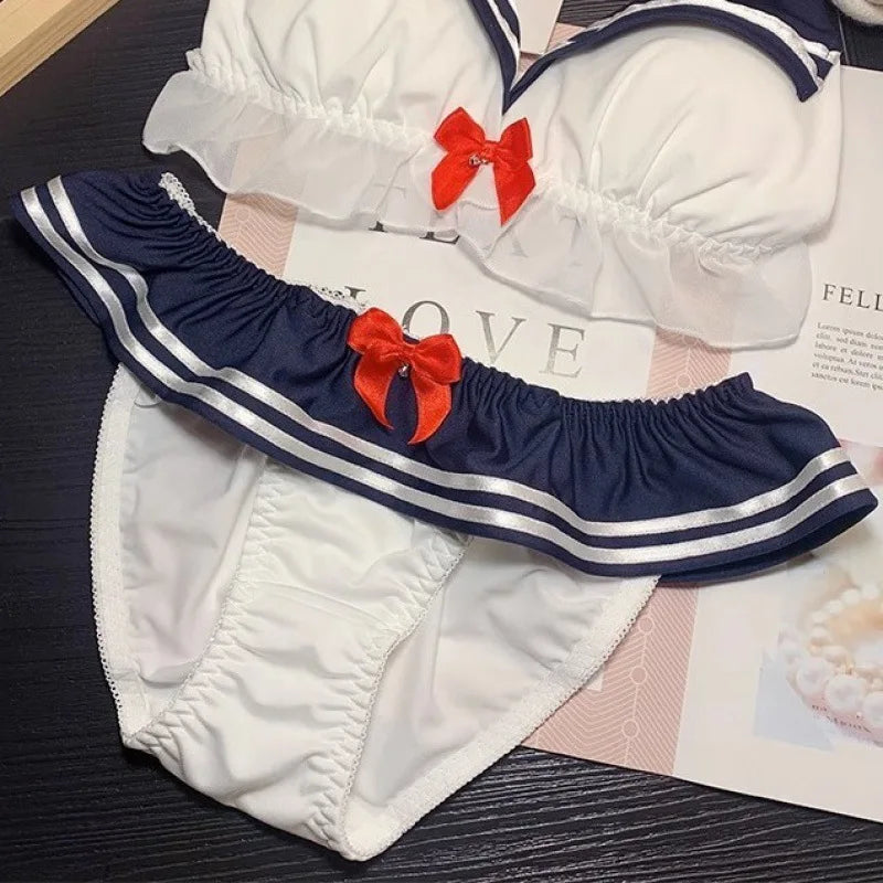 Women's bra set Japanese loli underwear female soft girl navy sweet cute without steel ring teenage sailor suit bra set