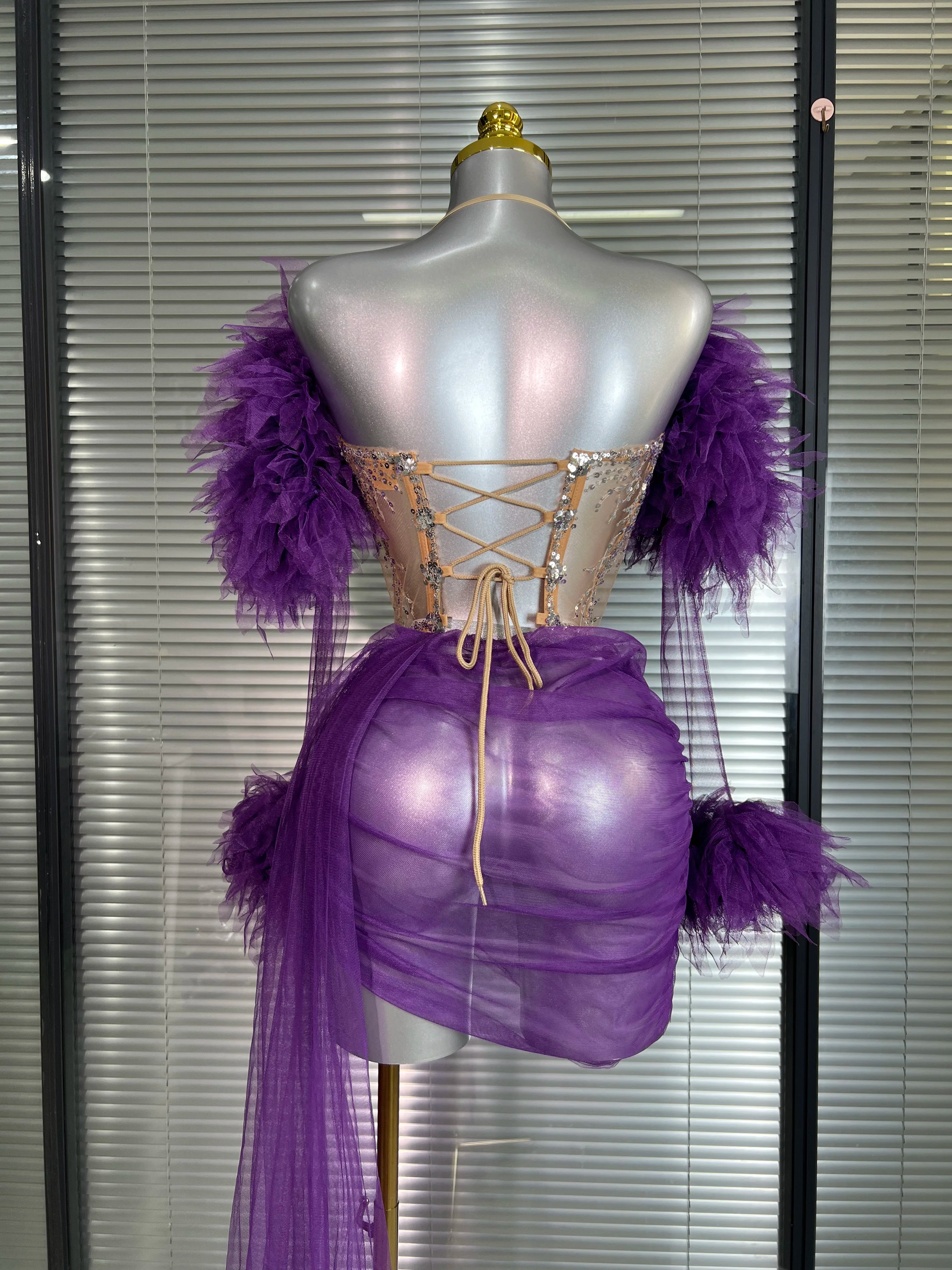 Women Sexy Two Pieces Set Celebrity Sky Blue White Purple Mesh Night Club Sheer Skirt Suits Stage Performance Costume