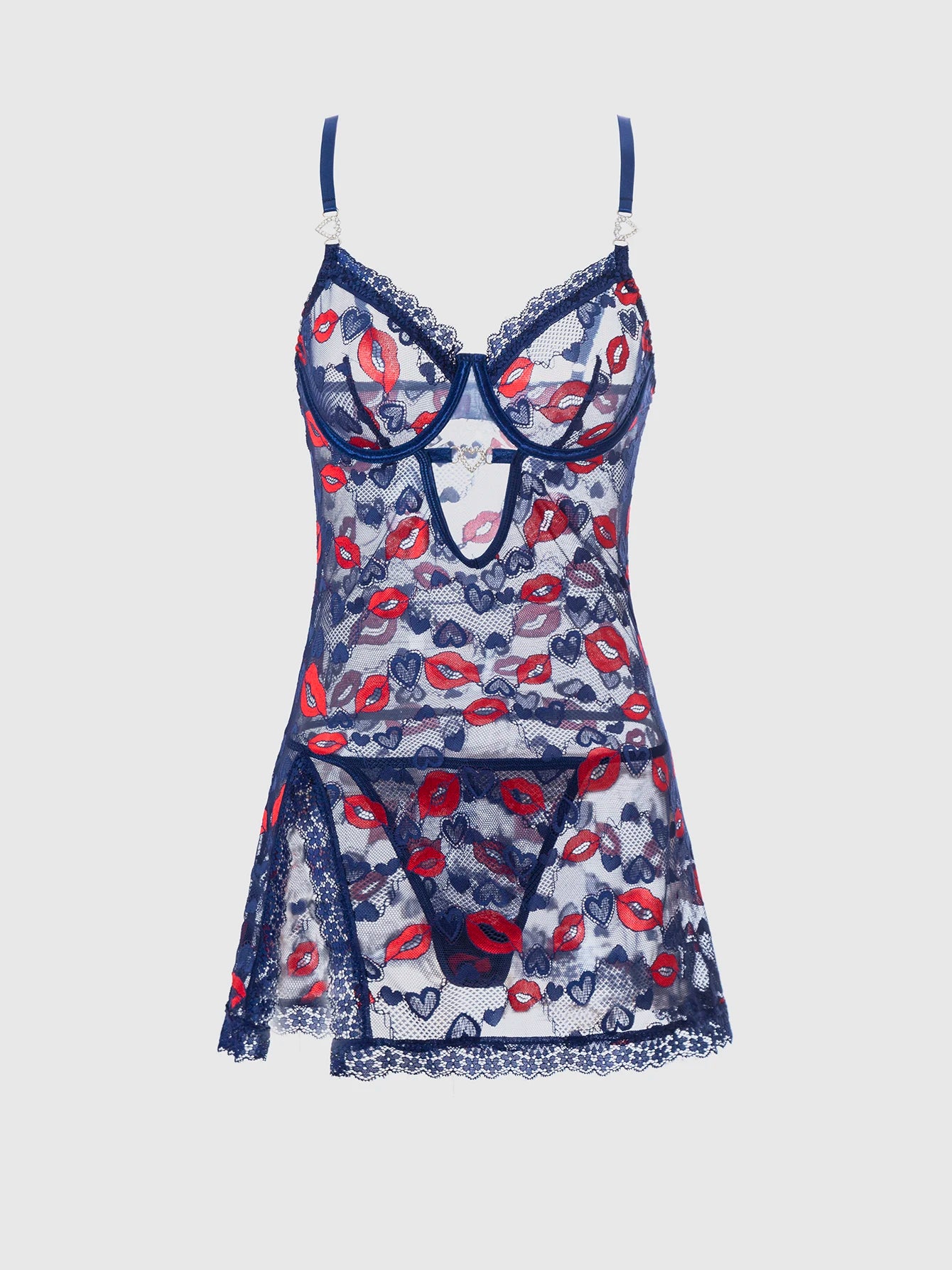 Sexy Red Lip Heart Mesh Nightgown Set Deep Blue Lace See-through Chemise Set Tempting Erotic Underwear Two-piece Set
