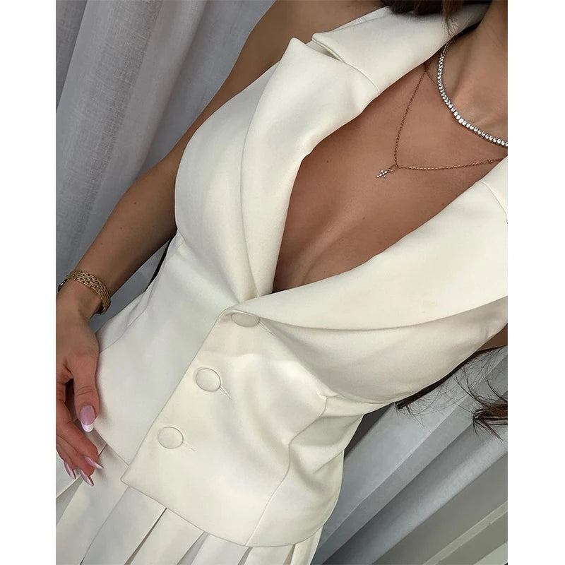 Candyhot Temperament Elegant Y2K Slim Fit Set V-neck Tight Vest Mini Pleated Skirt Autumn Street Commuting Women's Two-piece Set