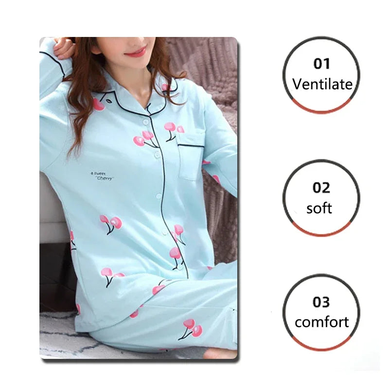 Four Seasons Women Pajamas Set with Lapel Top and Long Pants Checkered Striped Printed 2 Piece Set Ladies Nightwear Homewear
