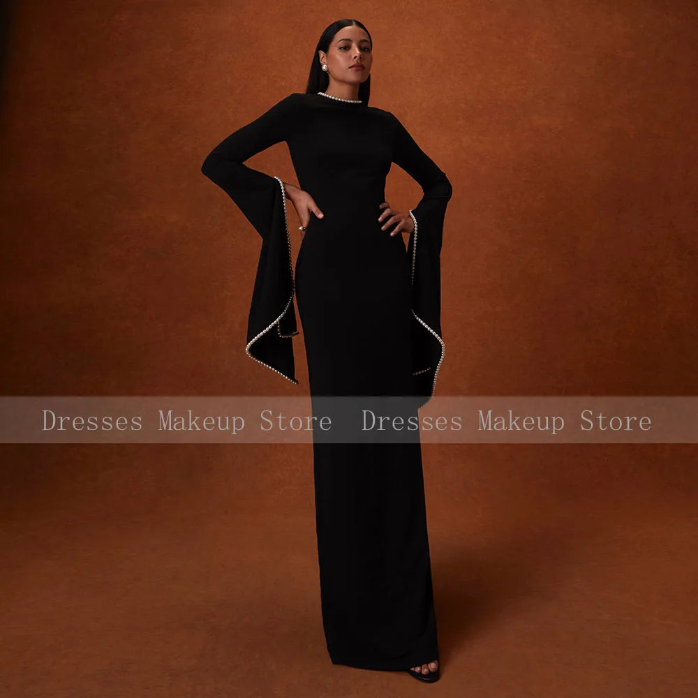 Modest Wedding Guest Dress Black O Neck A Line Elegant Formal Party Gowns for Women Pearls Long Sleeves Evening Dresses