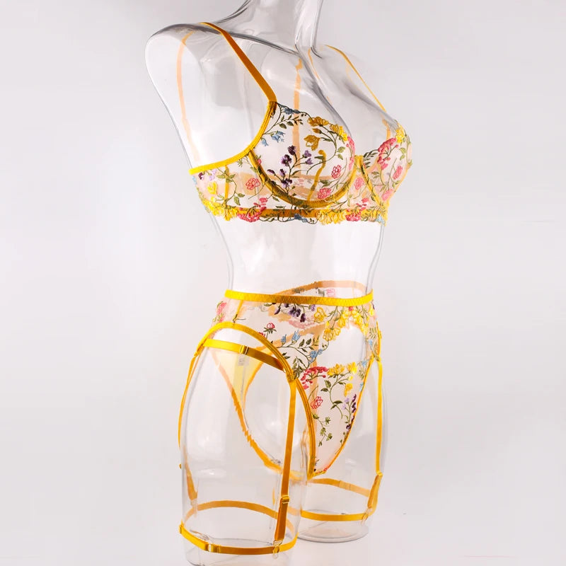 Sexy Women's Lace Lingerie 3Pcs Sets Fancy Flowers Embroidery Transparent Bras And Thongs Underwear Set Erotic Intimate Suits 