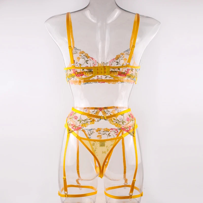 Sexy Women's Lace Lingerie 3Pcs Sets Fancy Flowers Embroidery Transparent Bras And Thongs Underwear Set Erotic Intimate Suits 