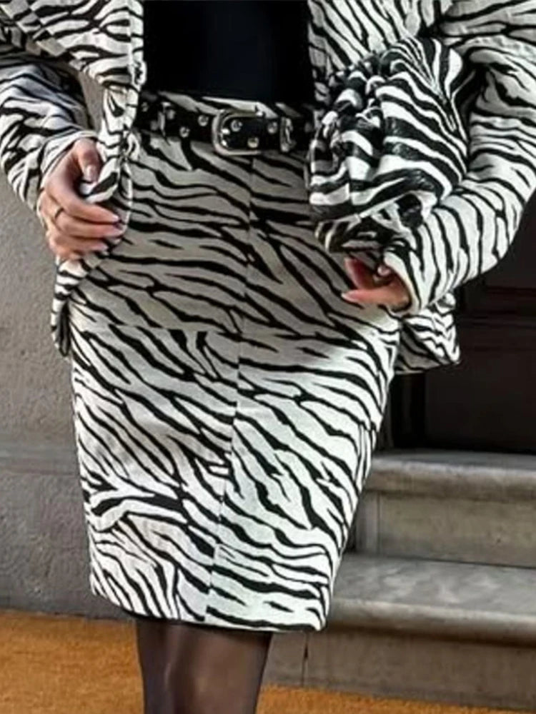 Fashion Zebra Printing Women's Jacket Skirts Suit V-Neck Waist-Closed Lady Sets Elegant 2 Pieces Set Women Outfits