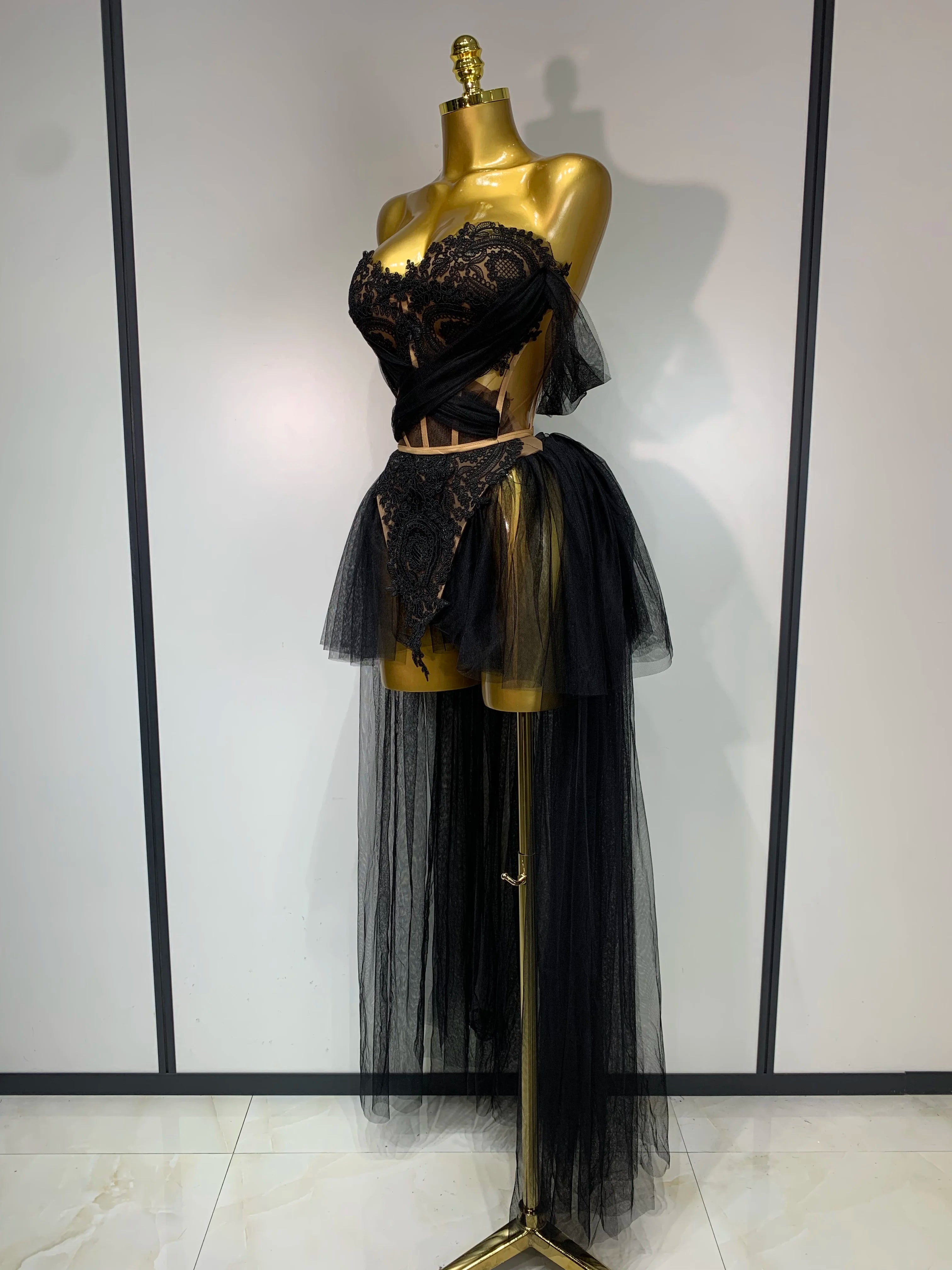 Women Sexy Strapless Pink Mesh Two Pieces Set Prom Gown Celebrate Birthday Nightclub Party Singer Stage Performance Costume