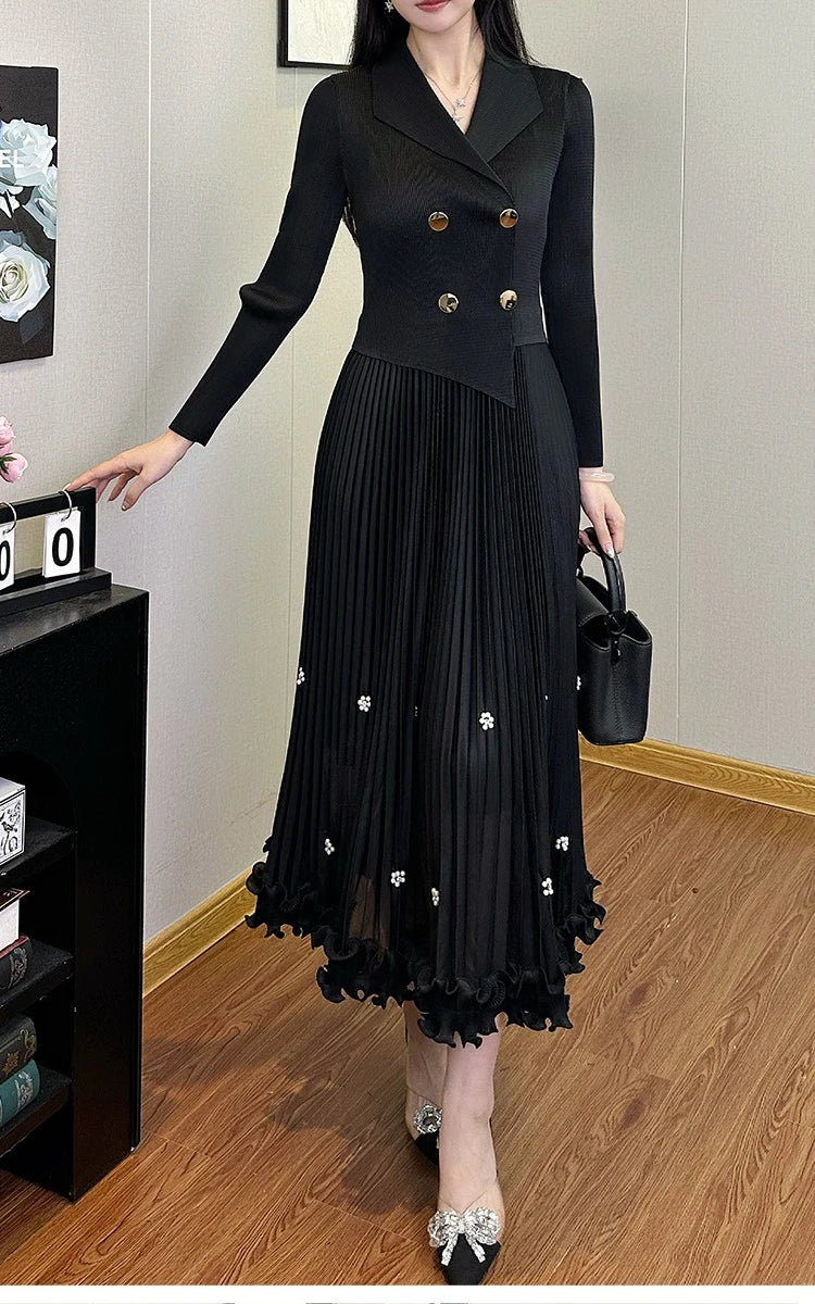 EGRM Miyake Pleated Long Dress Autumn Hot Sale Women's Double Breasted Waist Cinching Slimming High-end Stylish Versatile Skirt
