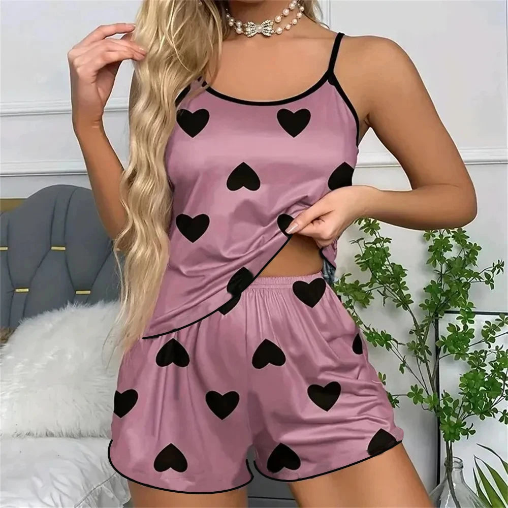 Women's Pajama Set Pajamas T-Shirts Shorts Pink Heart-Shaped Print Round Neck T-Shirt Ice Silk Top Comfortable Casual Summer 