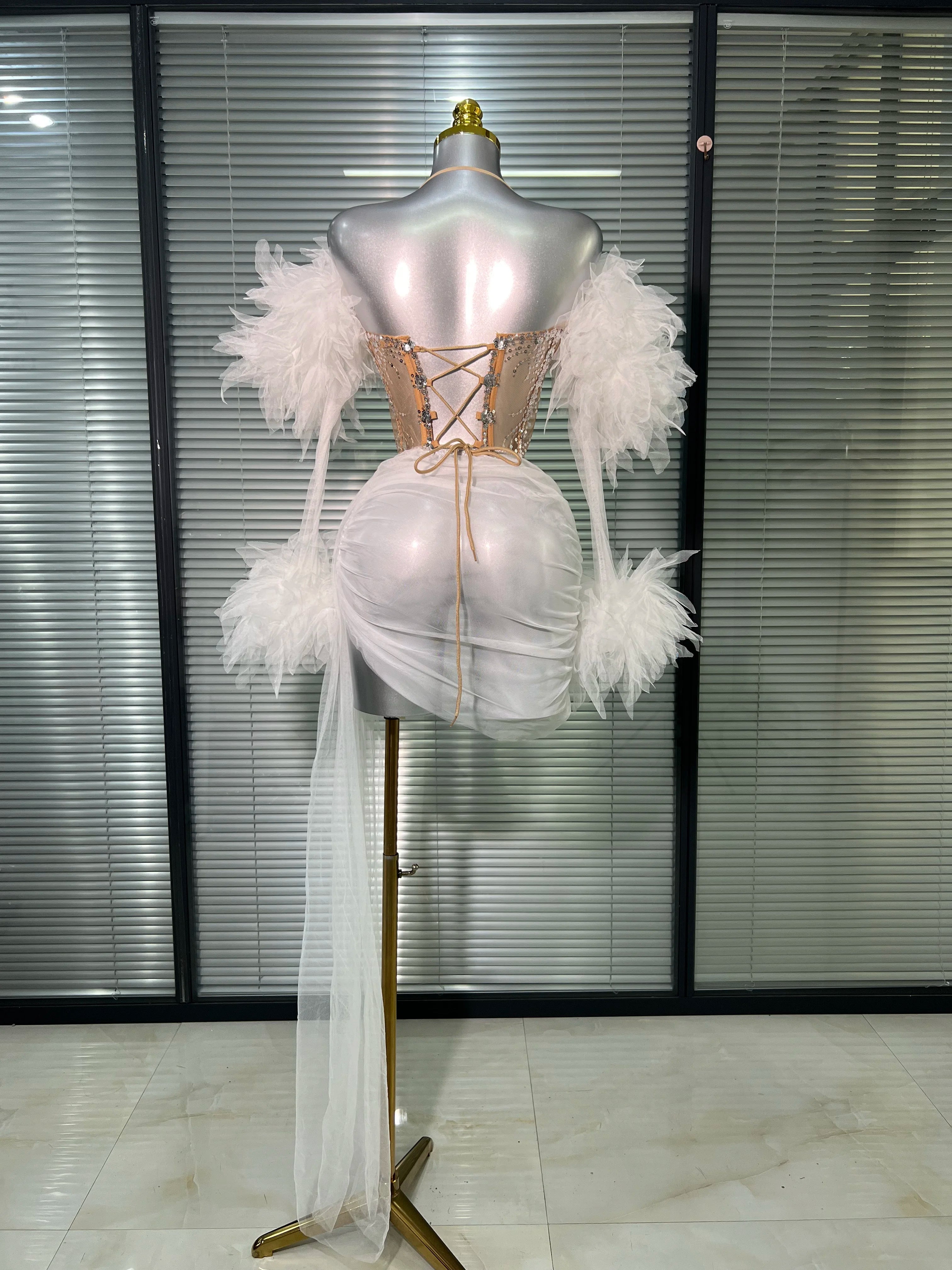 Women Sexy Two Pieces Set Celebrity Sky Blue White Purple Mesh Night Club Sheer Skirt Suits Stage Performance Costume