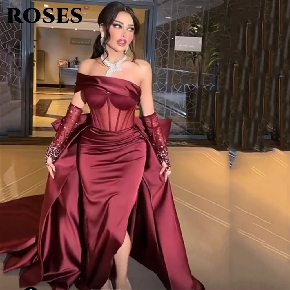 ROSES Burgundy Stain Mermaid Prom Dresses with Bow Shining Beading On Sleeve Evening Dress One Shoulder Sweetheart