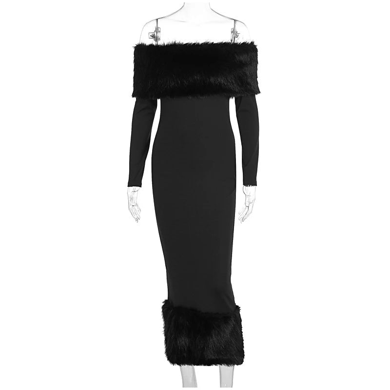 Faux Fur Patchwork Strapless Dress Women Sexy Off-shoulder Full Sleeve Cinched-waist Slim Gowns Lady Chic Evening Party Dresses