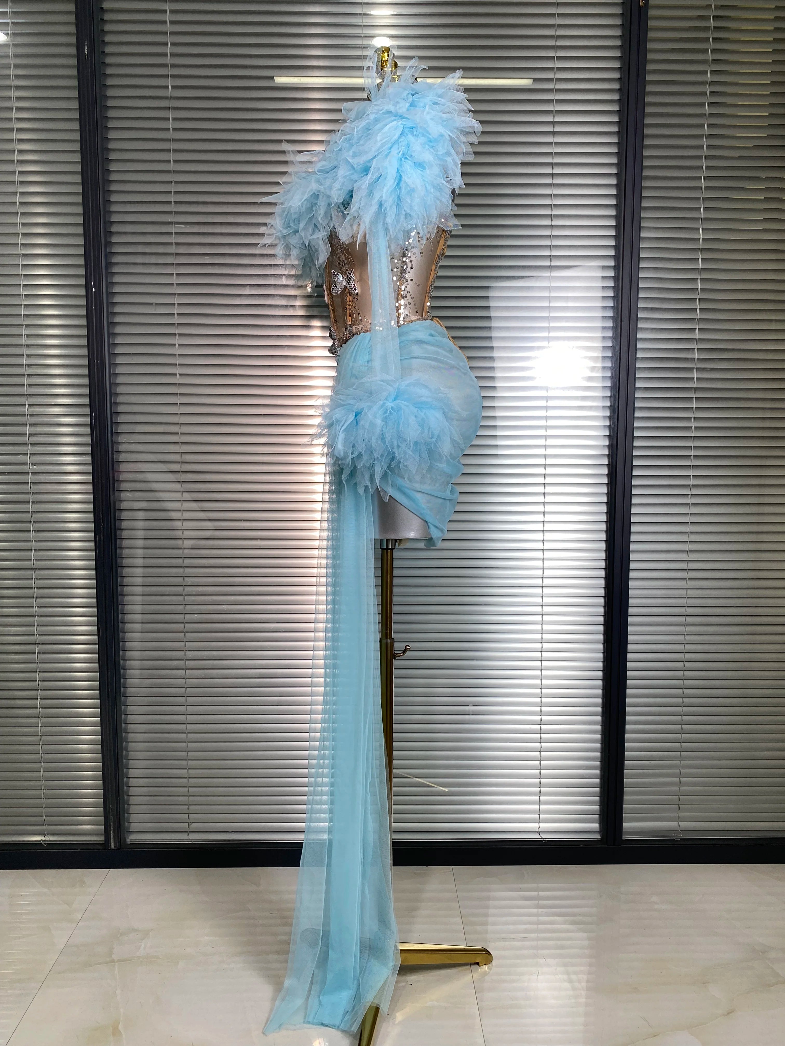 Women Sexy Two Pieces Set Celebrity Sky Blue White Purple Mesh Night Club Sheer Skirt Suits Stage Performance Costume