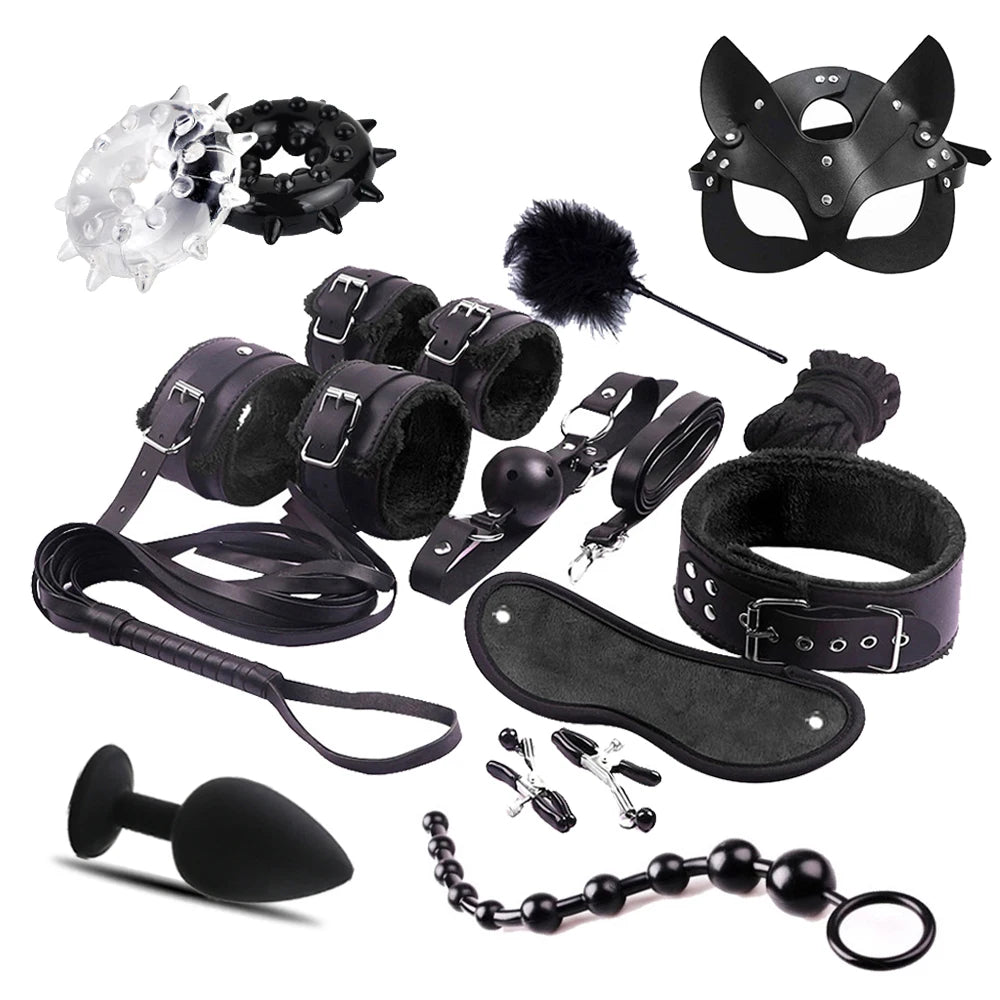 High Quality BDSM Genuine Leather Bondage Set Fetish Handcuffs Collar Gag Whip Fun Sex Toys Female Couple Adult Game 18+