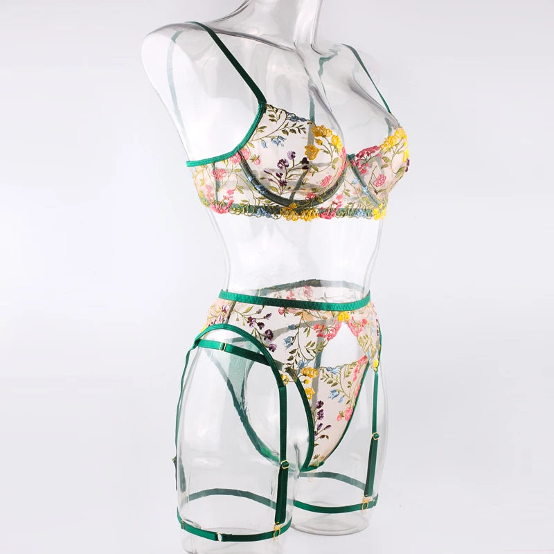 Sexy Women's Lace Lingerie 3Pcs Sets Fancy Flowers Embroidery Transparent Bras And Thongs Underwear Set Erotic Intimate Suits 