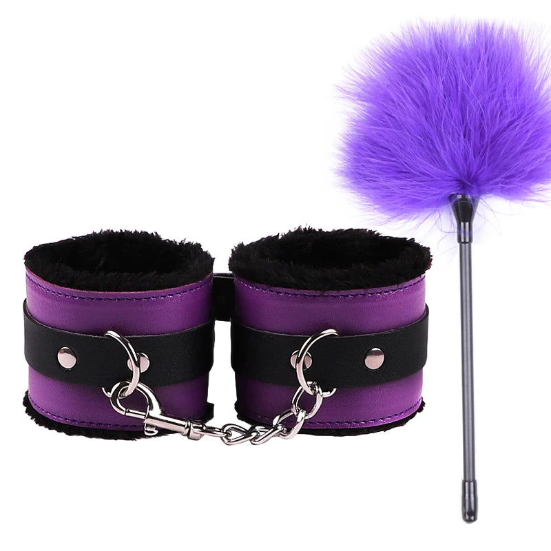 Sex Toys For Women Bdsm Set Sexy Leather Plush Sex Toys Bondage Kit Handcuffs Feather Blindfold Fetish Flirt Goods For Adults