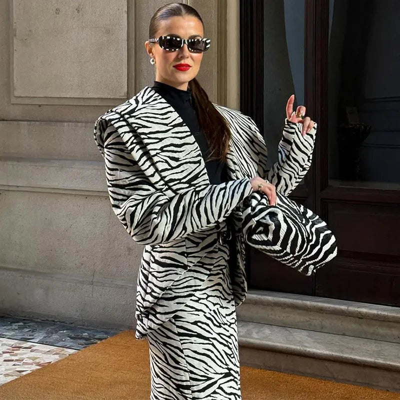 Fashion Zebra Printing Women's Jacket Skirts Suit V-Neck Waist-Closed Lady Sets Elegant 2 Pieces Set Women Outfits