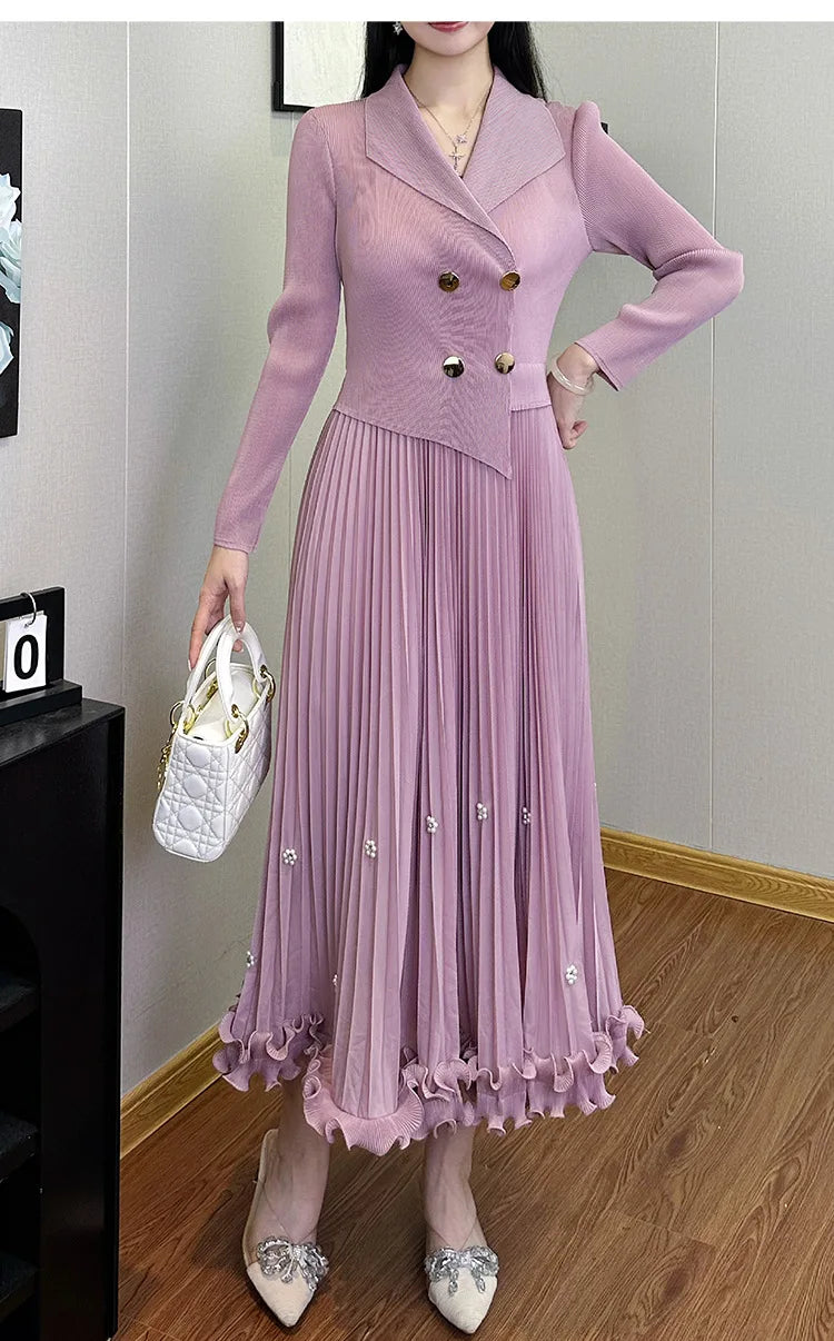 EGRM Miyake Pleated Long Dress Autumn Hot Sale Women's Double Breasted Waist Cinching Slimming High-end Stylish Versatile Skirt