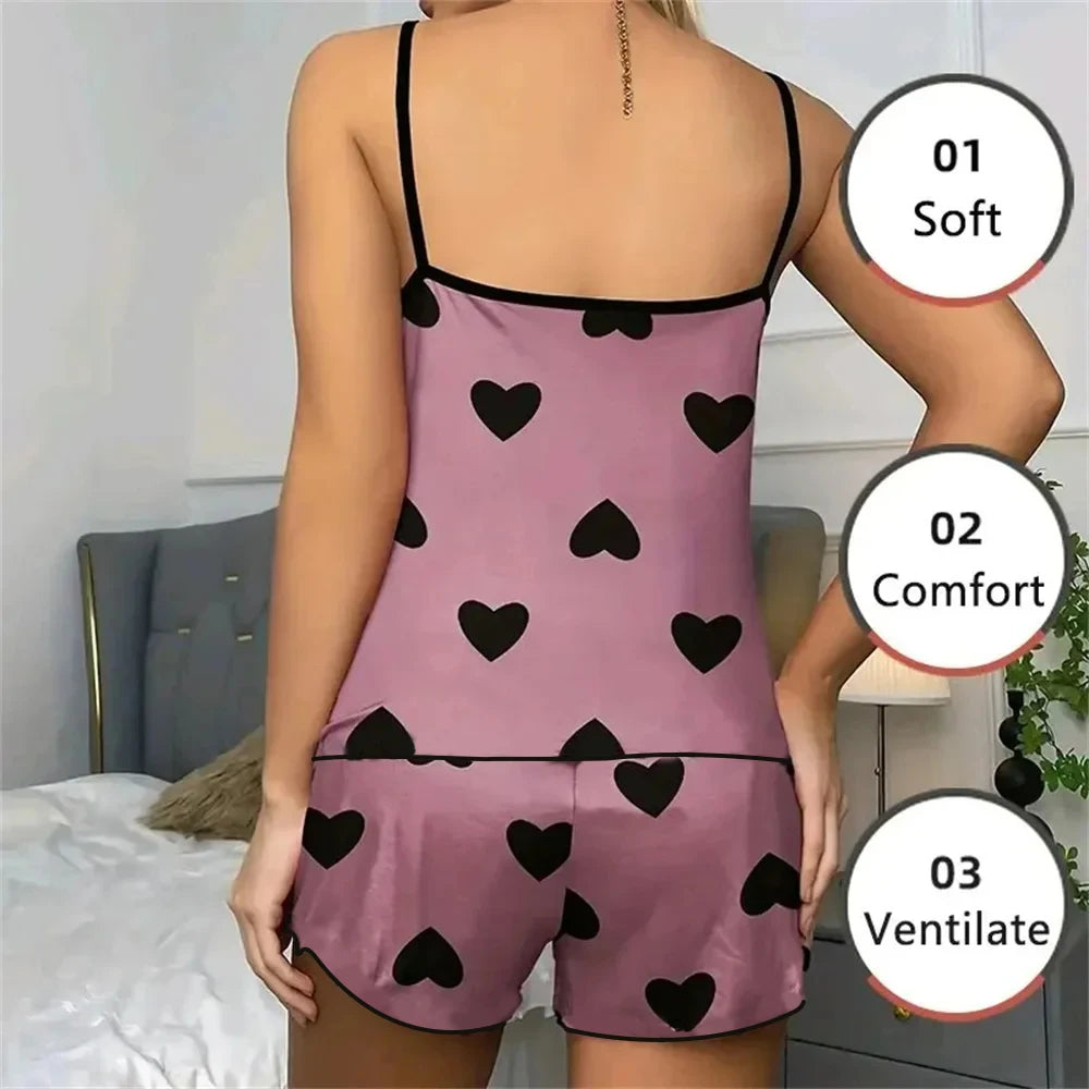 Women's Pajama Set Pajamas T-Shirts Shorts Pink Heart-Shaped Print Round Neck T-Shirt Ice Silk Top Comfortable Casual Summer 