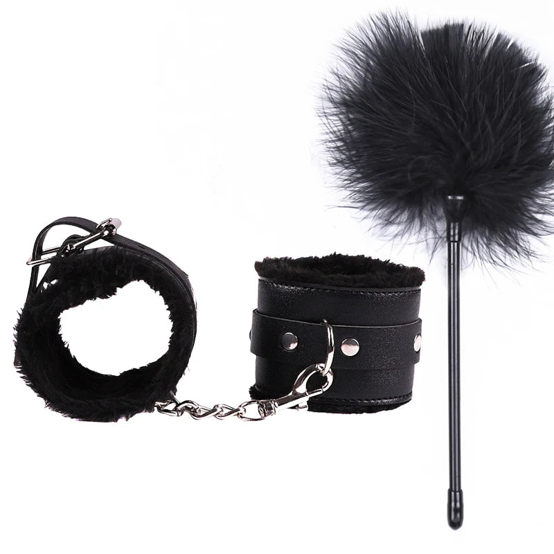 Sex Toys For Women Bdsm Set Sexy Leather Plush Sex Toys Bondage Kit Handcuffs Feather Blindfold Fetish Flirt Goods For Adults