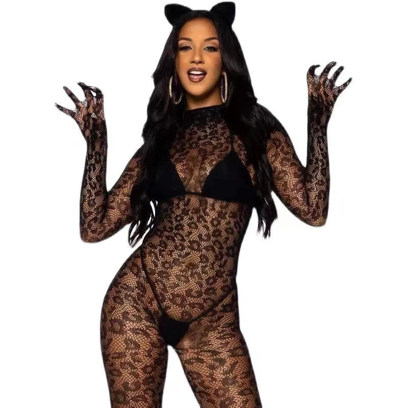 Sexual Lingerie Transparent Leopard Pattern Mesh Bodysuit Socks Long Sleeves Sex Pajamas Sexy Women Underwear Erotic Costumes