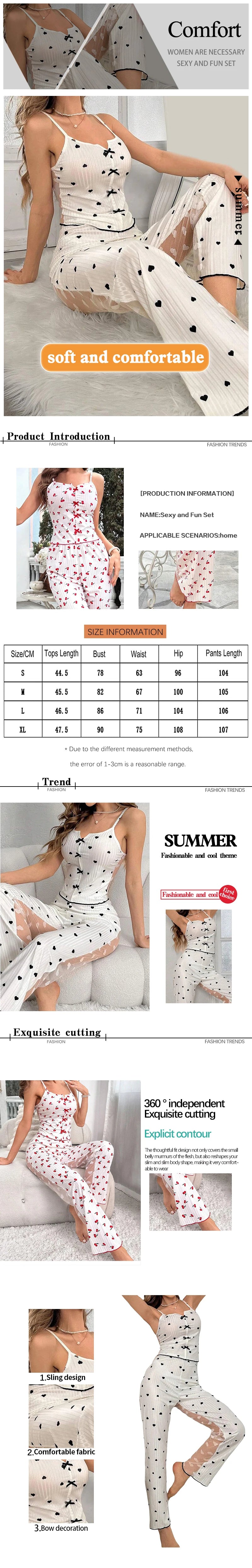 2-Piece Women's Sexy Transparent Mesh Lace Set with Ribbed Printed Strap Top and Pants Home Clothes Pajama Set