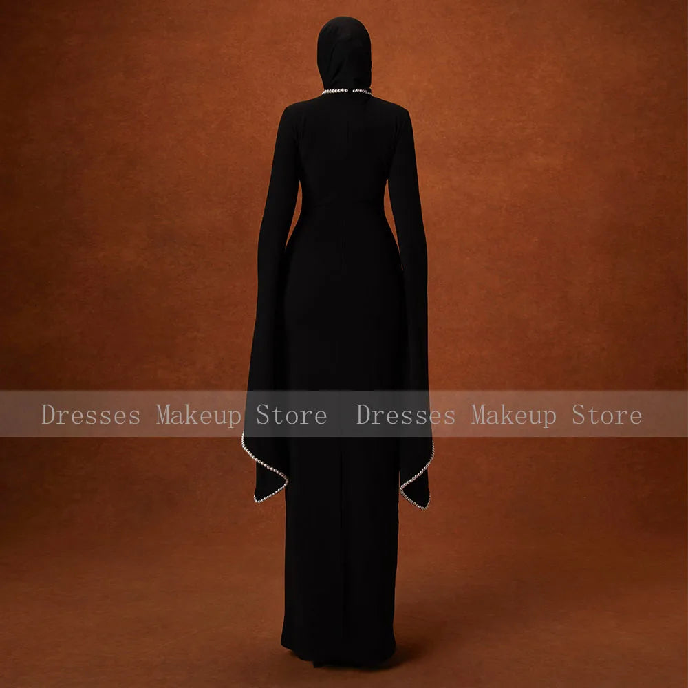 Modest Wedding Guest Dress Black O Neck A Line Elegant Formal Party Gowns for Women Pearls Long Sleeves Evening Dresses