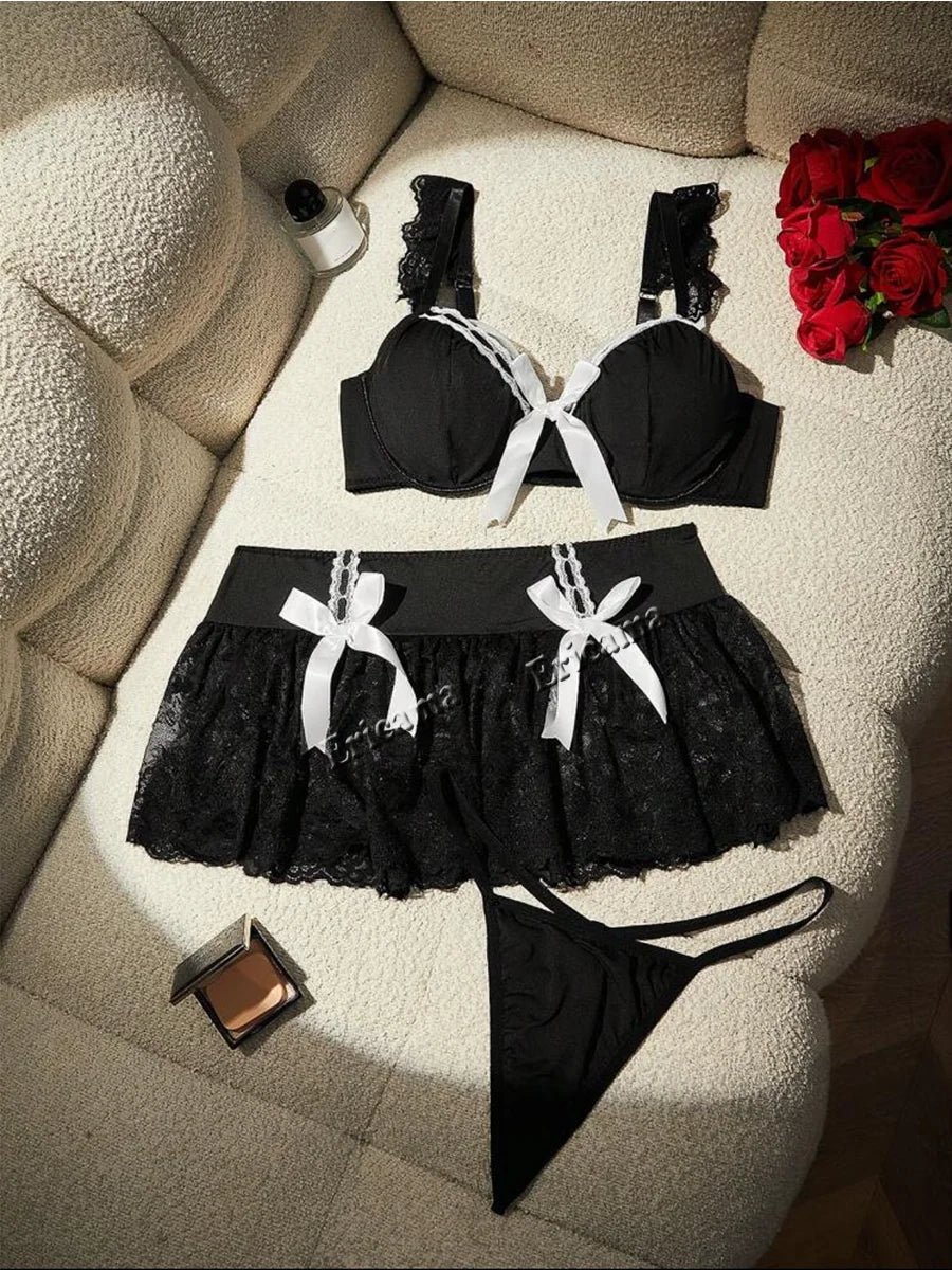 Women'S Solid Underwear French Apron Maid Dress Bow Thigh Ring Maid Lace Patchwork Lingerie Set Cosplay Lolita Sexy Lingerie