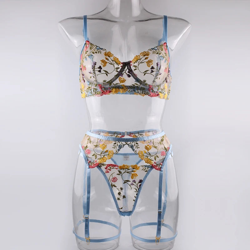 Sexy Women's Lace Lingerie 3Pcs Sets Fancy Flowers Embroidery Transparent Bras And Thongs Underwear Set Erotic Intimate Suits 