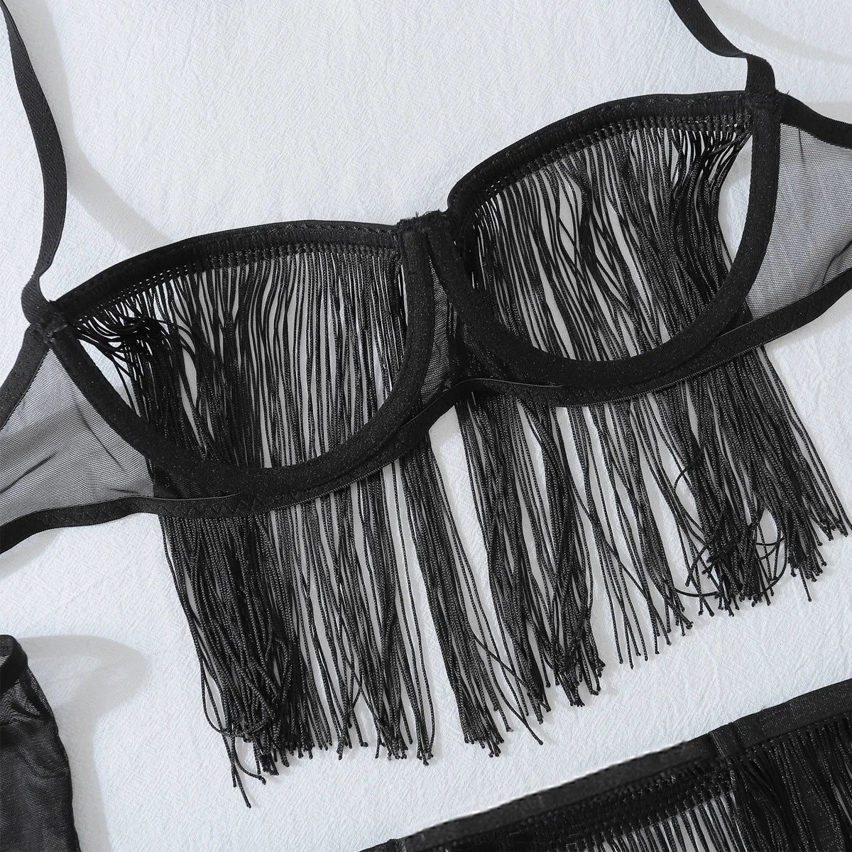 Ellolace Tassel Porn Erotic Lingerie 8-Piece Transparent Ultra Sexy Adult Costume with Garter Outfit Call The Night Sex Suit