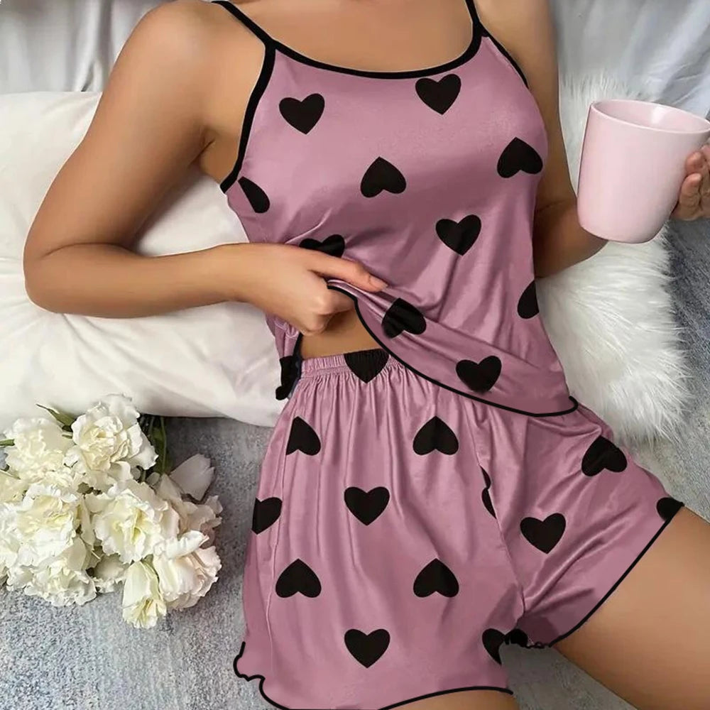 Women's Pajama Set Pajamas T-Shirts Shorts Pink Heart-Shaped Print Round Neck T-Shirt Ice Silk Top Comfortable Casual Summer 