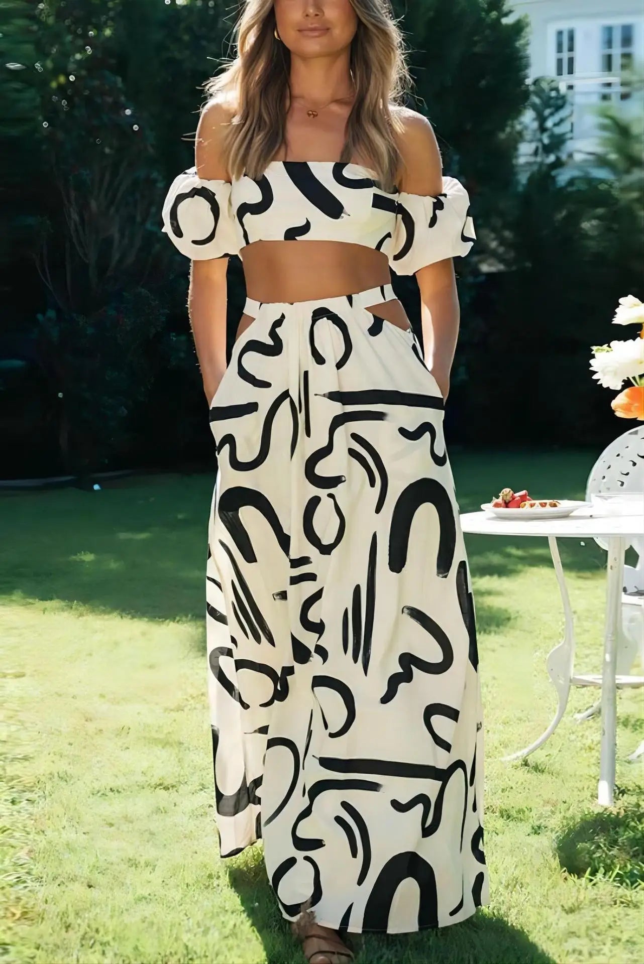 Two Piece Sets Fashion New Print Solid Color Puff Sleeve Zipper Breast Wrap Crop Top & Hollow Out Waist Big Hem Dress Suits Lady