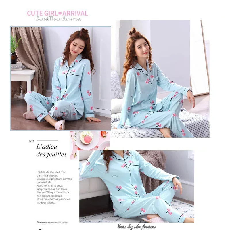 Four Seasons Women Pajamas Set with Lapel Top and Long Pants Checkered Striped Printed 2 Piece Set Ladies Nightwear Homewear
