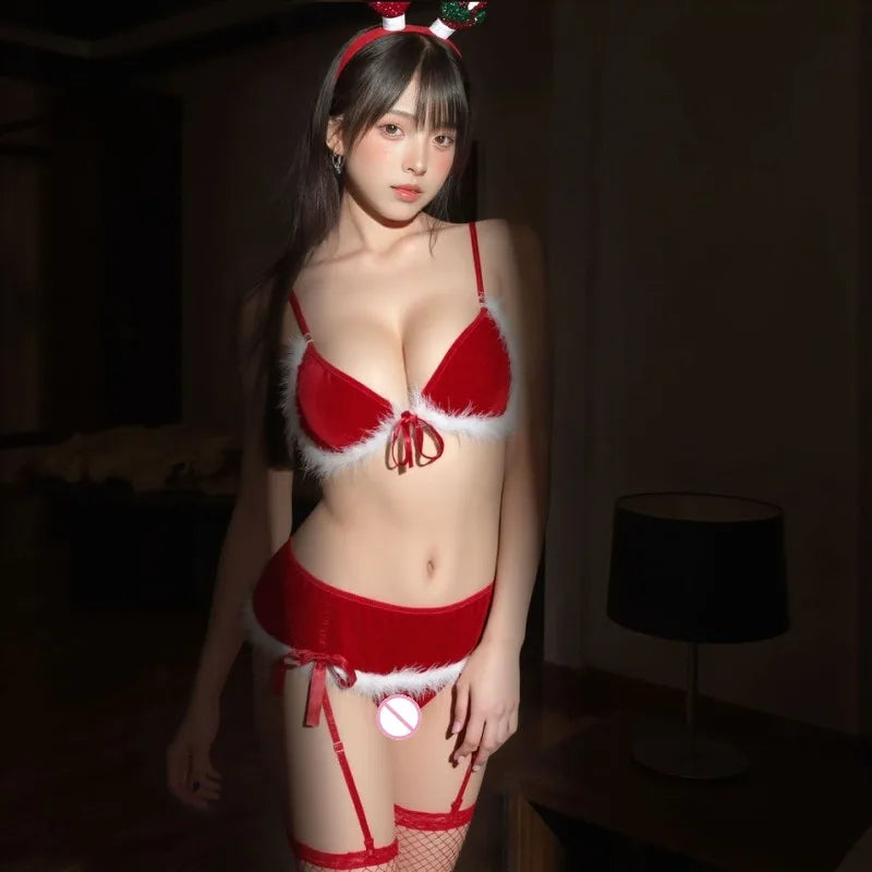 Sexy Lingerie Sexy valentine's Set Red Gift Uniform Suspender Hollow Out Tempting Plush Bow Three-point Style Sexy Lingerie