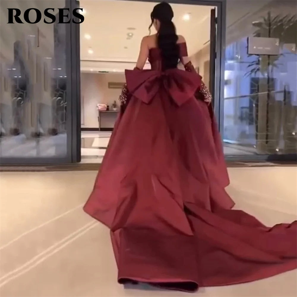 ROSES Burgundy Stain Mermaid Prom Dresses with Bow Shining Beading On Sleeve Evening Dress One Shoulder Sweetheart