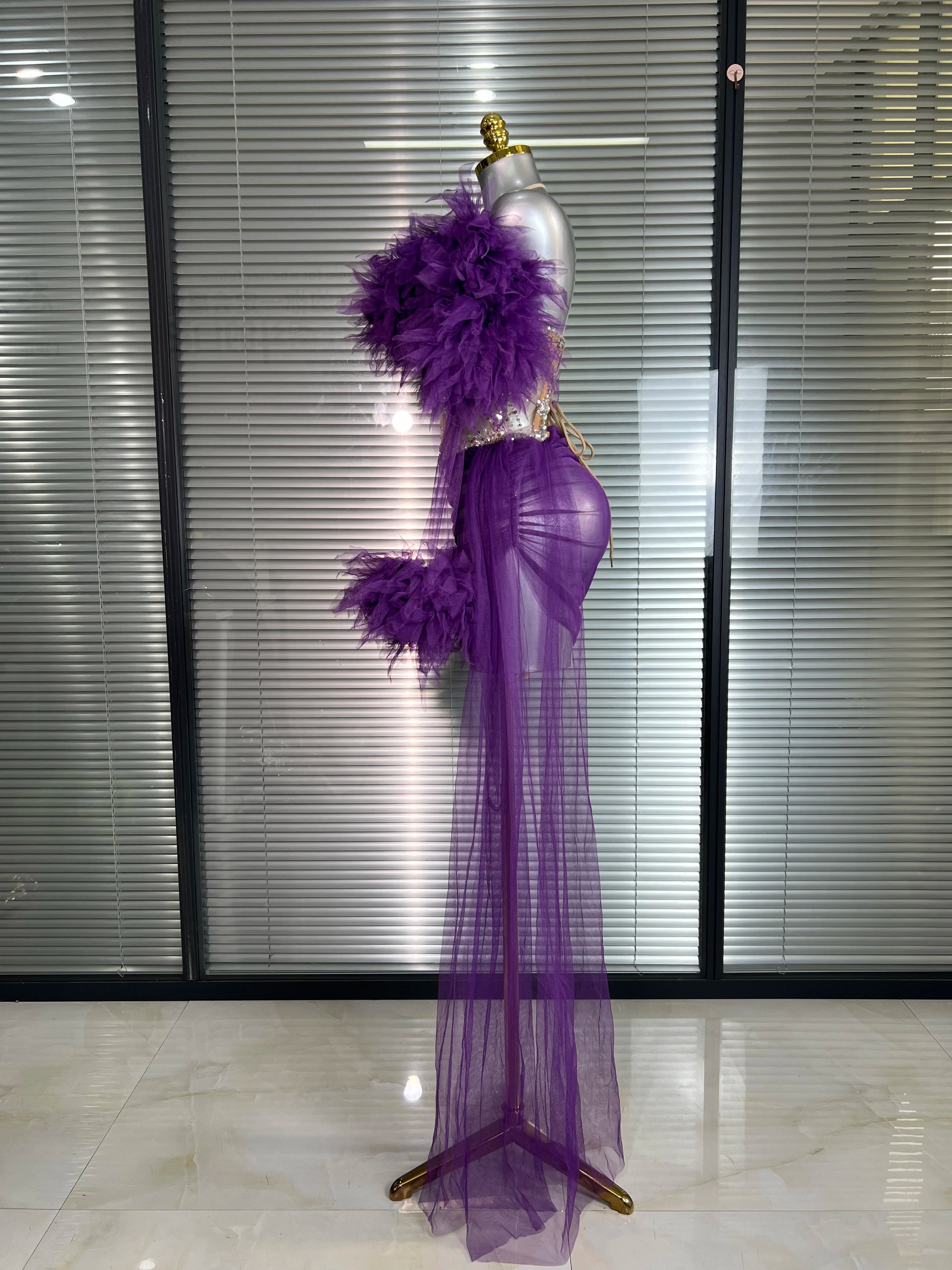 Women Sexy Two Pieces Set Celebrity Sky Blue White Purple Mesh Night Club Sheer Skirt Suits Stage Performance Costume