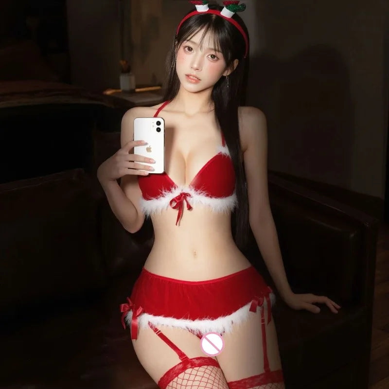 Sexy Lingerie Sexy valentine's Set Red Gift Uniform Suspender Hollow Out Tempting Plush Bow Three-point Style Sexy Lingerie
