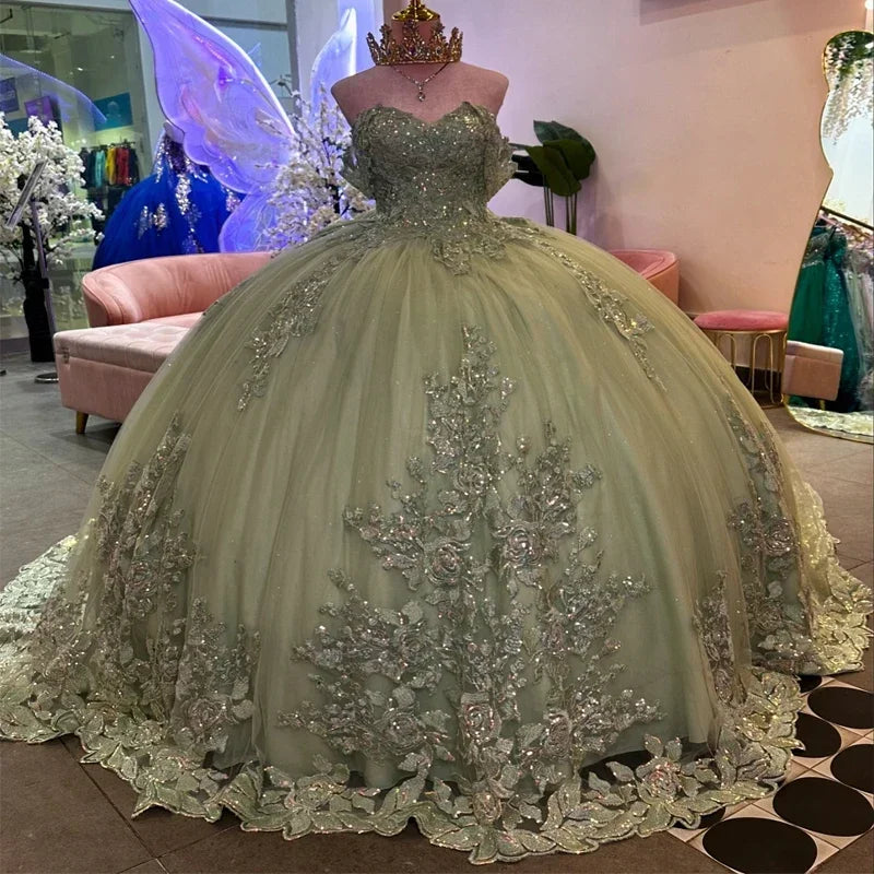 ANGELSBRIDEP Glittering Sage Green Quinceanera Dresses Bow Luxury Flower Lace Vestidos De 15 Anos Birthday Party Prom Princess