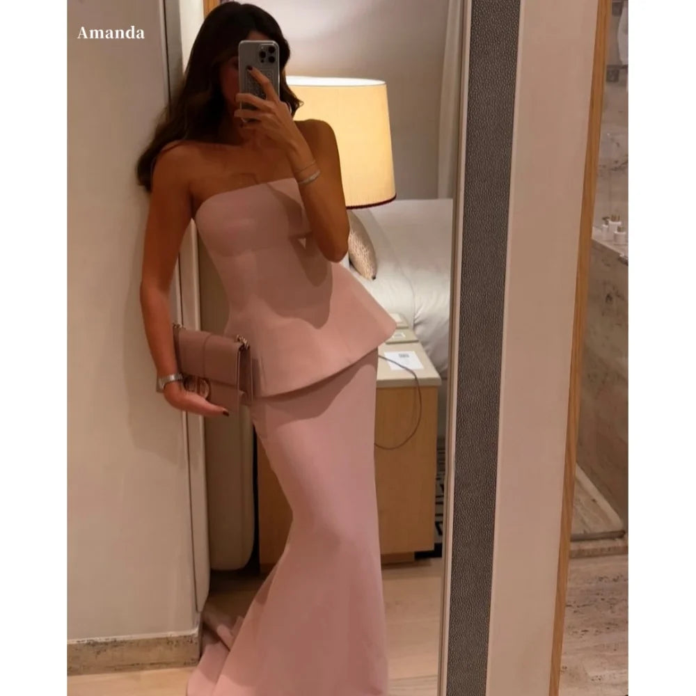 Amanda Customized Pink Mermaid Two-Piece Set robes de soirée Chiffon Sleeveless Party Dresses Floor-Length Prom Dress