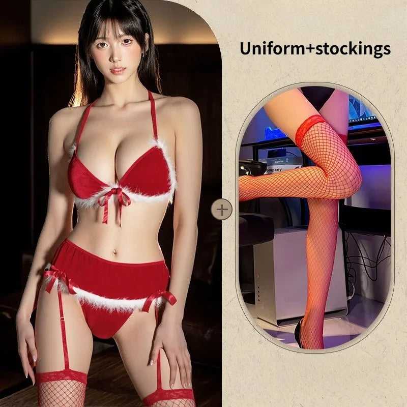 Sexy Lingerie Sexy valentine's Set Red Gift Uniform Suspender Hollow Out Tempting Plush Bow Three-point Style Sexy Lingerie
