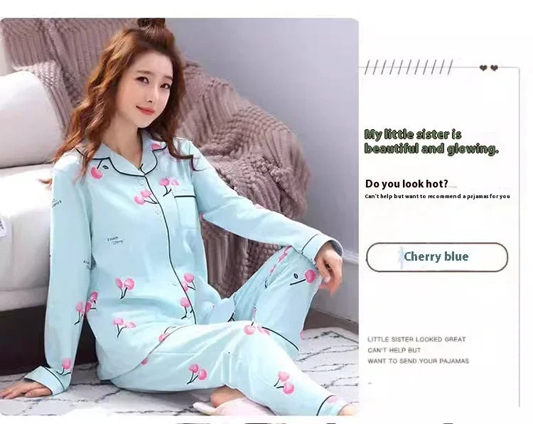 Four Seasons Women Pajamas Set with Lapel Top and Long Pants Checkered Striped Printed 2 Piece Set Ladies Nightwear Homewear