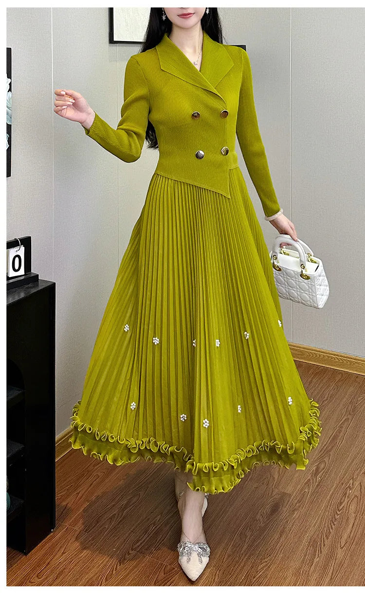 EGRM Miyake Pleated Long Dress Autumn Hot Sale Women's Double Breasted Waist Cinching Slimming High-end Stylish Versatile Skirt