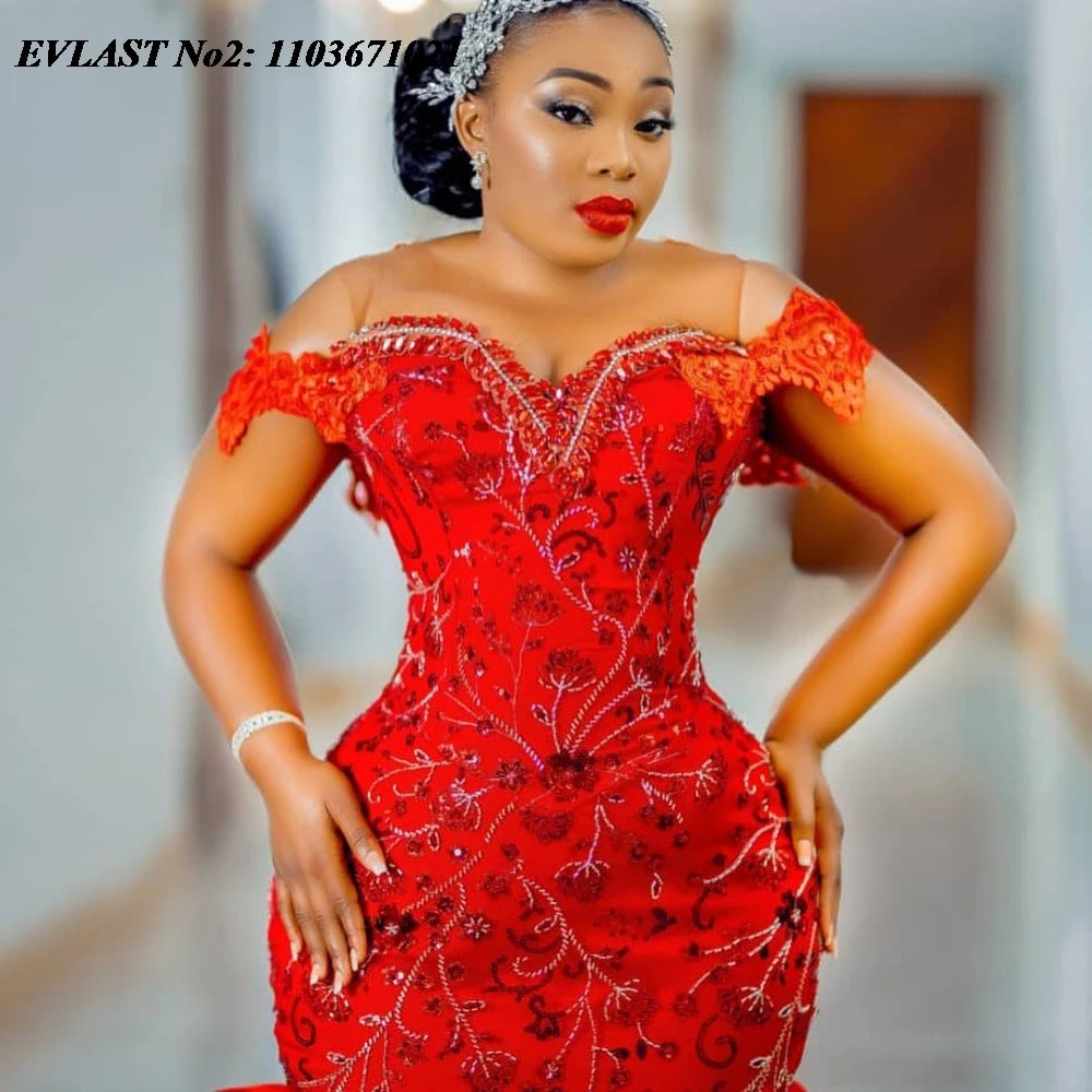 EVLAST Customized Luxury African Red Ruffles Prom Dress For Black Girls Applique Beading Formal Party Dress Evening Gown E2P79