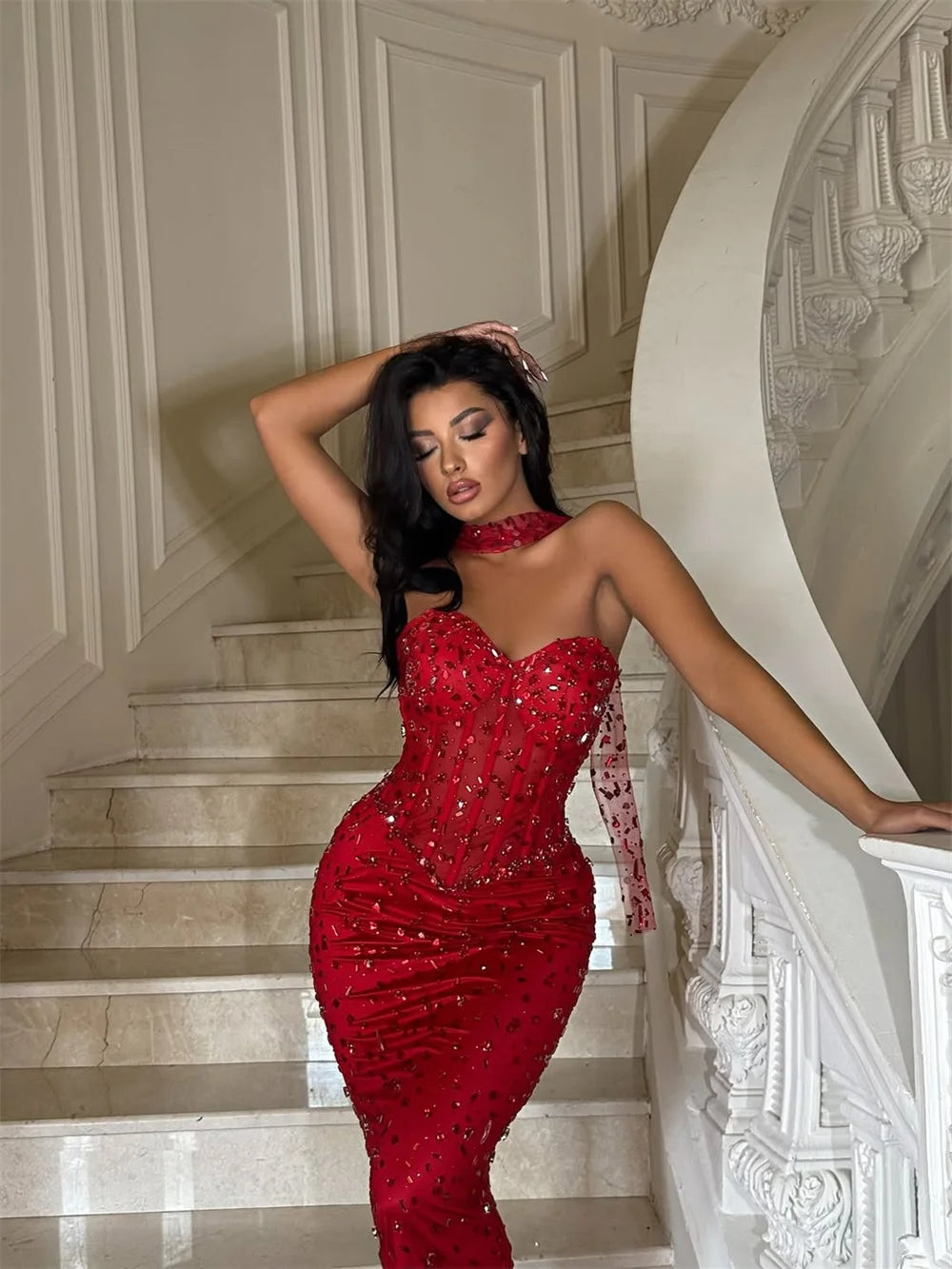 Amanda Customized Red Mermaid Rhinestones Prom Dress Halter Neck Floor-Length vestidos de noche Luxury Sleeveless Formal Evening