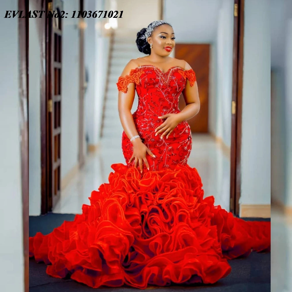 EVLAST Customized Luxury African Red Ruffles Prom Dress For Black Girls Applique Beading Formal Party Dress Evening Gown E2P79