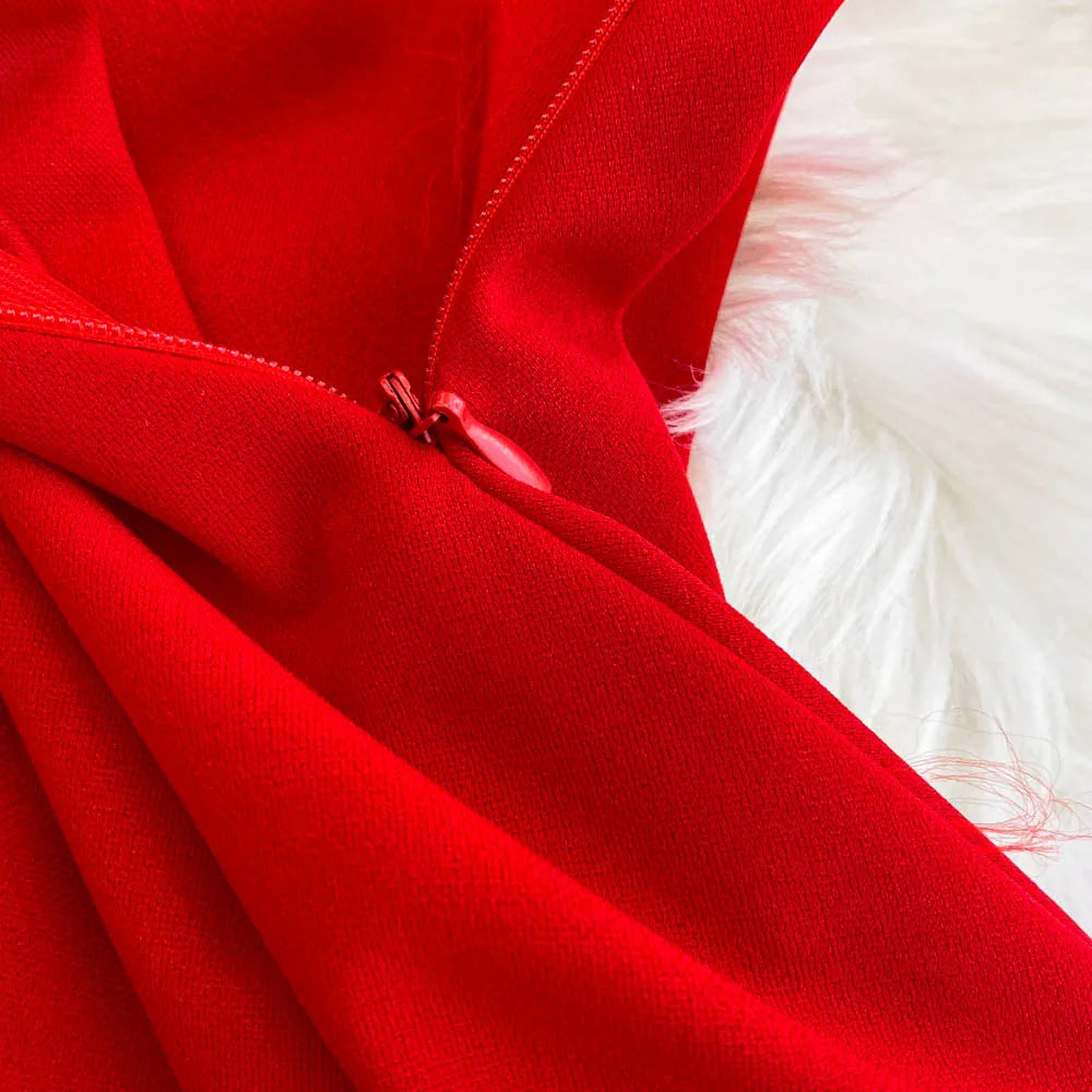 Foamlina Women's Christmas Dress Sexy Low-cut Waist Thin Big Pendulum Fluffy Splicing Suspender Tube Ling Dress Red