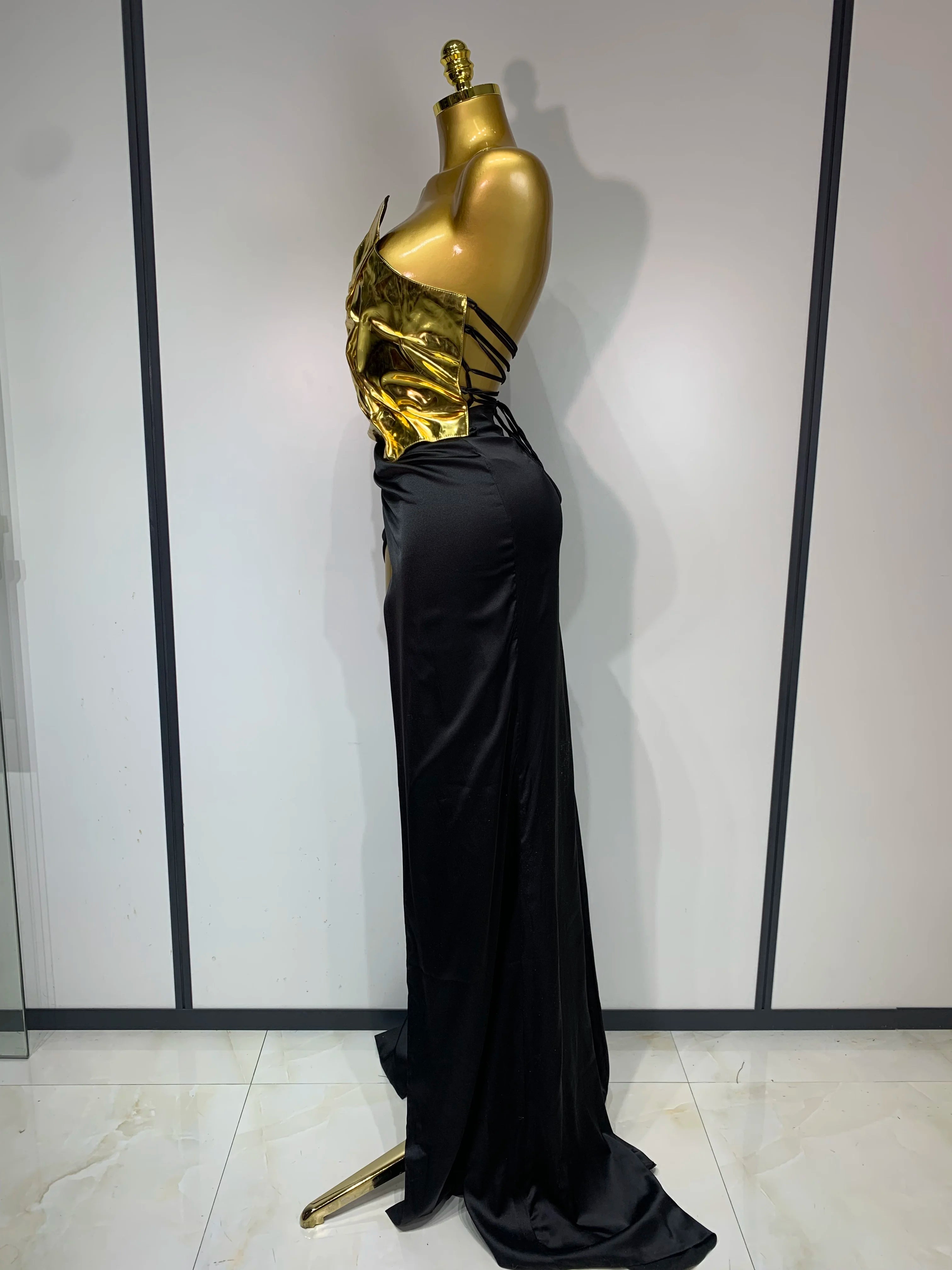 New Arrival Women Gold Color Sexy Laced-up Tops 2 Pieces Set Long Dress Celebrate Evening Party Celebrity Elegant Dress