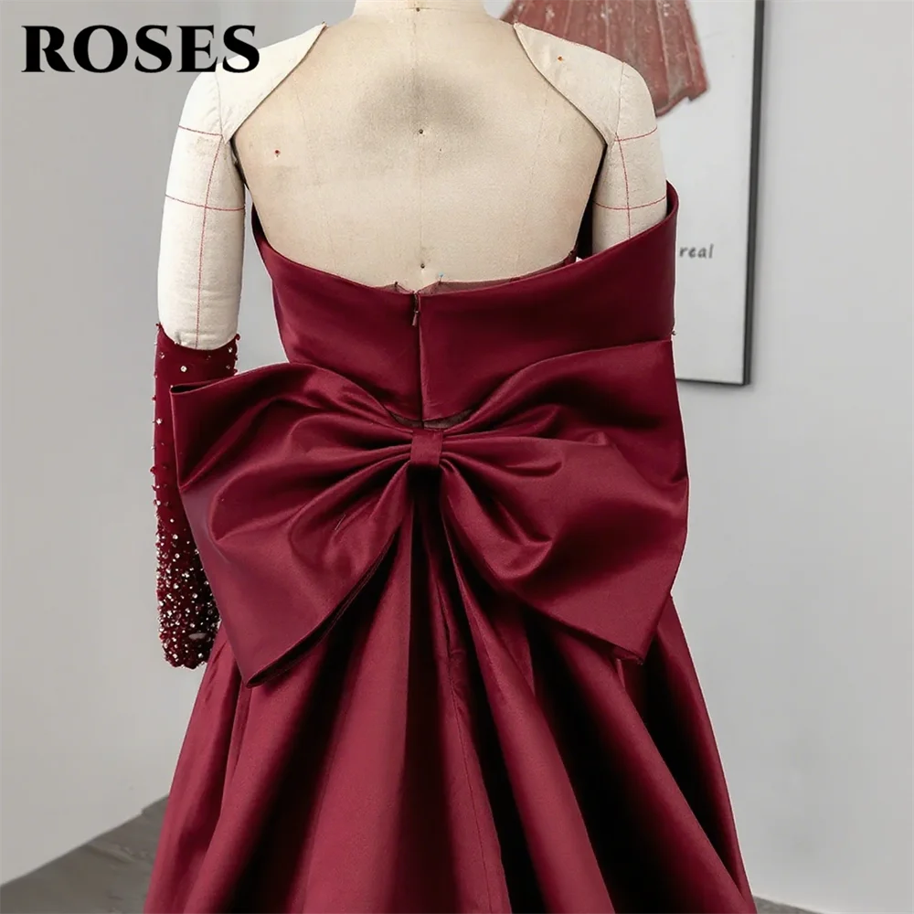ROSES Burgundy Stain Mermaid Prom Dresses with Bow Shining Beading On Sleeve Evening Dress One Shoulder Sweetheart