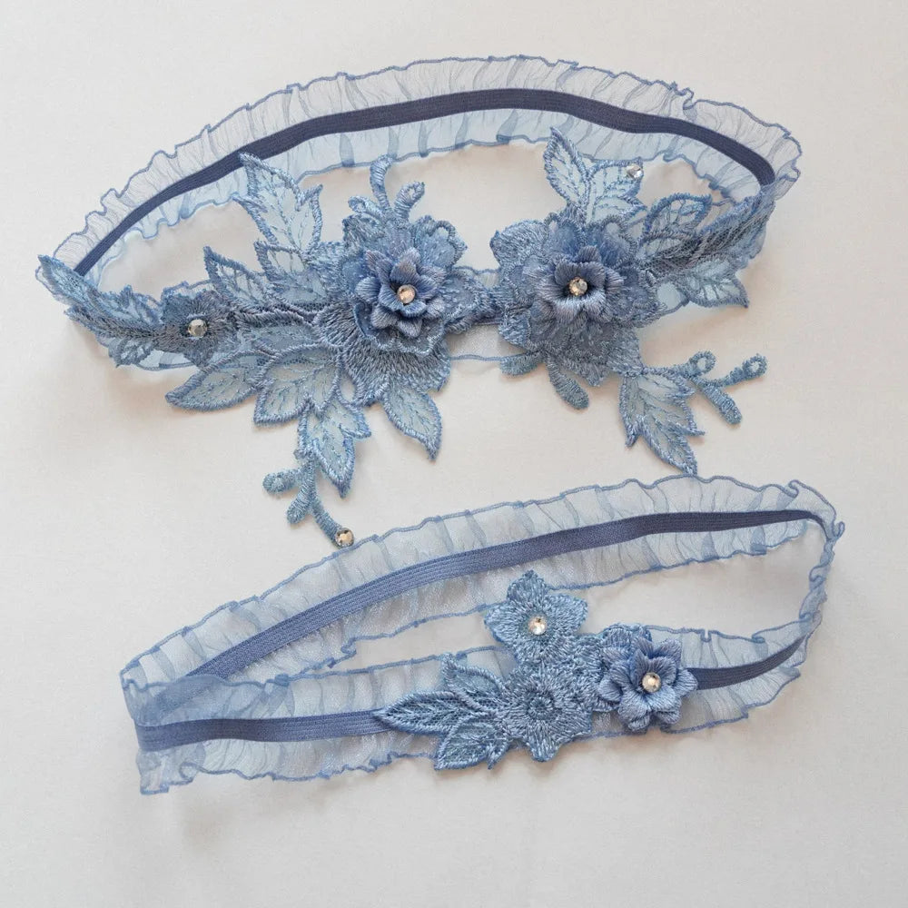 Sexy Garter Belts 2pcs Set Stretch Lace Bridal Stocking Bands Handmade Embroidery Lingerie Accessory Floral Rhinestone Style